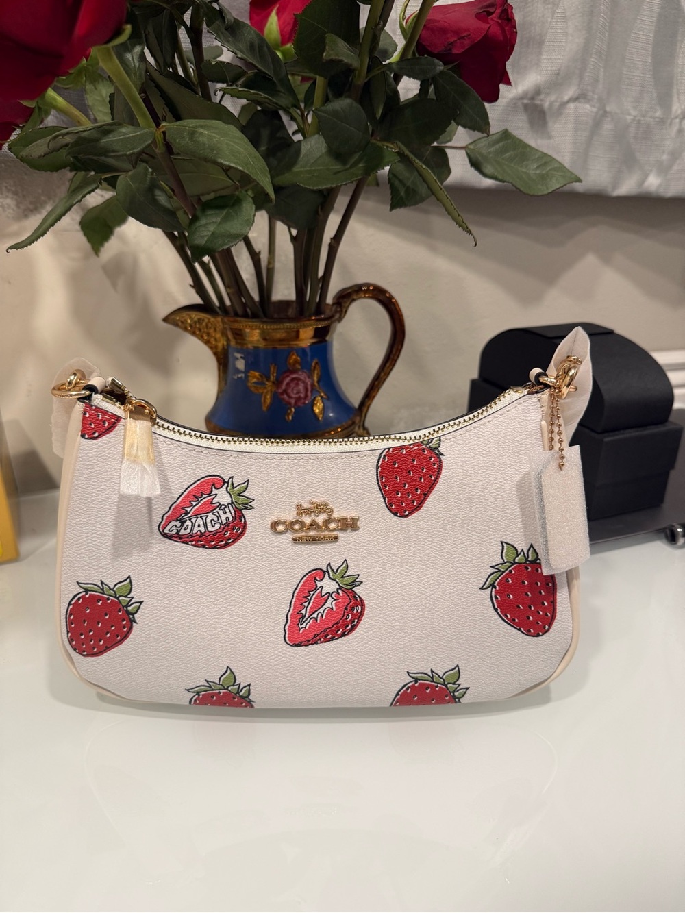 Coach White Leather Mini Shoulder Bag with Red Strawberry Print